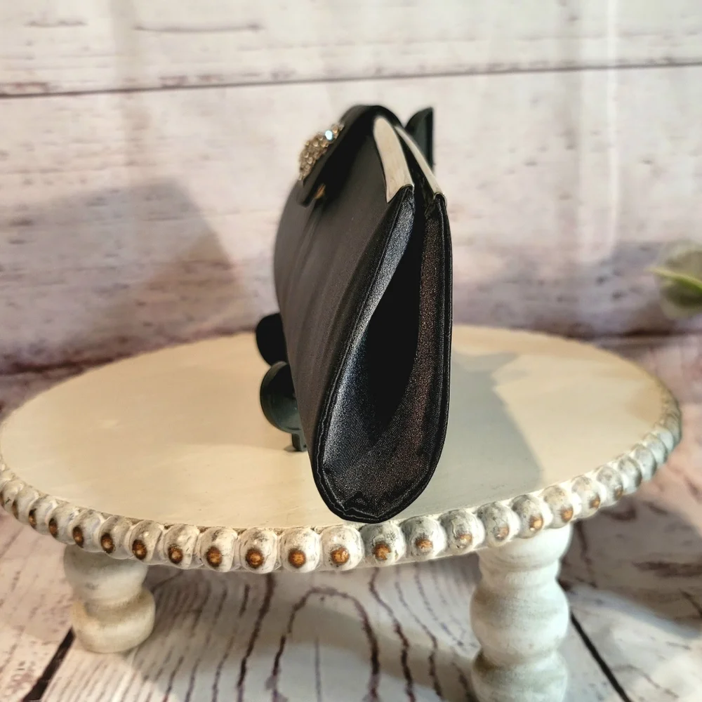 TOVA Beverly Hills Elegant Black Statin Clutch with Butterfly Accent 11